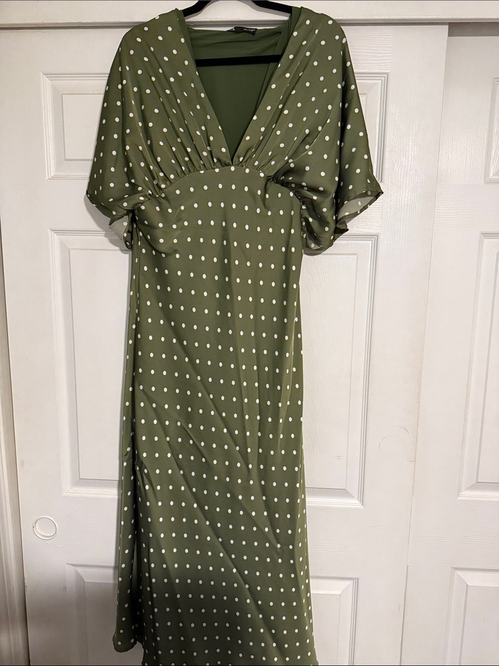 Olive Green Polka Dot Maxi Dress with V-Neck